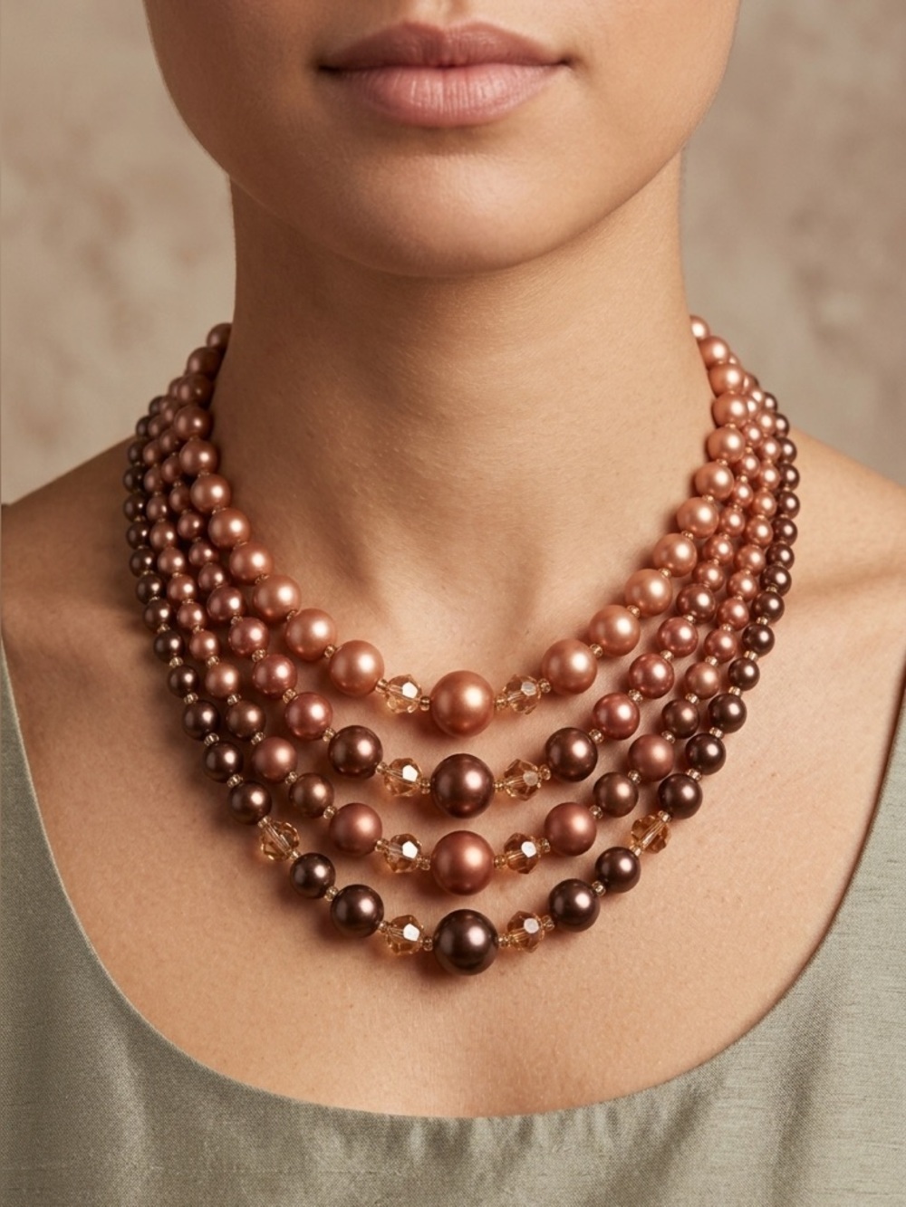 Vintage Layered Four Strands of Faux Pearls Amber Beads Gold Made In Japan